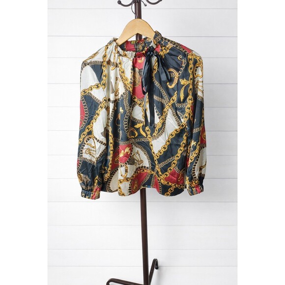 Yourl Tops - Yourl Chain Print Tie Neck Silky Blouse Gold White Black Large